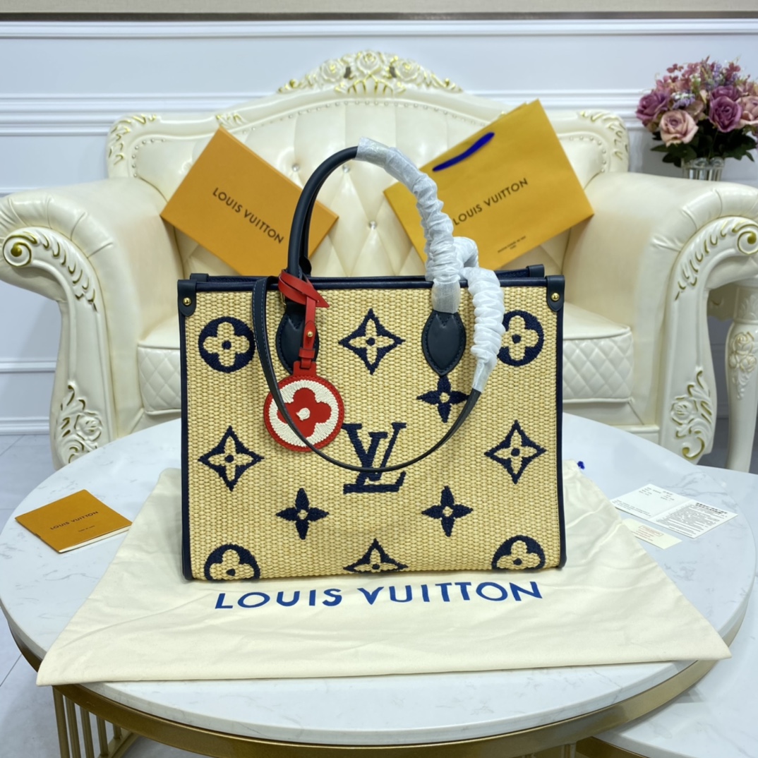 Louis Vuitton LV Onthego Wholesale
 Tote Bags Designer 1:1 Replica
 Embroidery Cotton Fabric Raffia Beach M57723