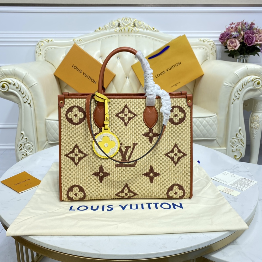 Louis Vuitton LV Onthego Tote Bags Embroidery Cotton Fabric Raffia Beach M57723