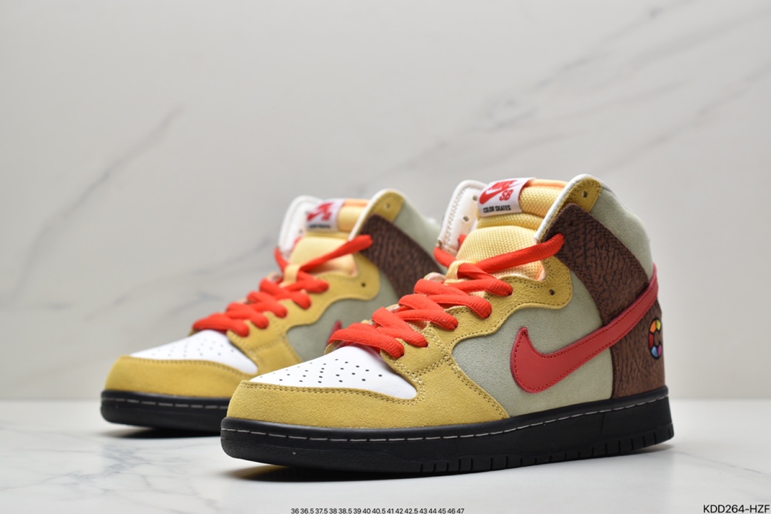 450 Color Skates x Nike SB Dunk High ”Kebab and Destroy”扣篮系列高帮休闲运动滑板板鞋“麂皮红黄棕烤肉卷饼”  CZ2205-700