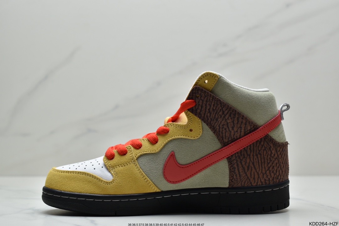 450 Color Skates x Nike SB Dunk High ”Kebab and Destroy”扣篮系列高帮休闲运动滑板板鞋“麂皮红黄棕烤肉卷饼”  CZ2205-700