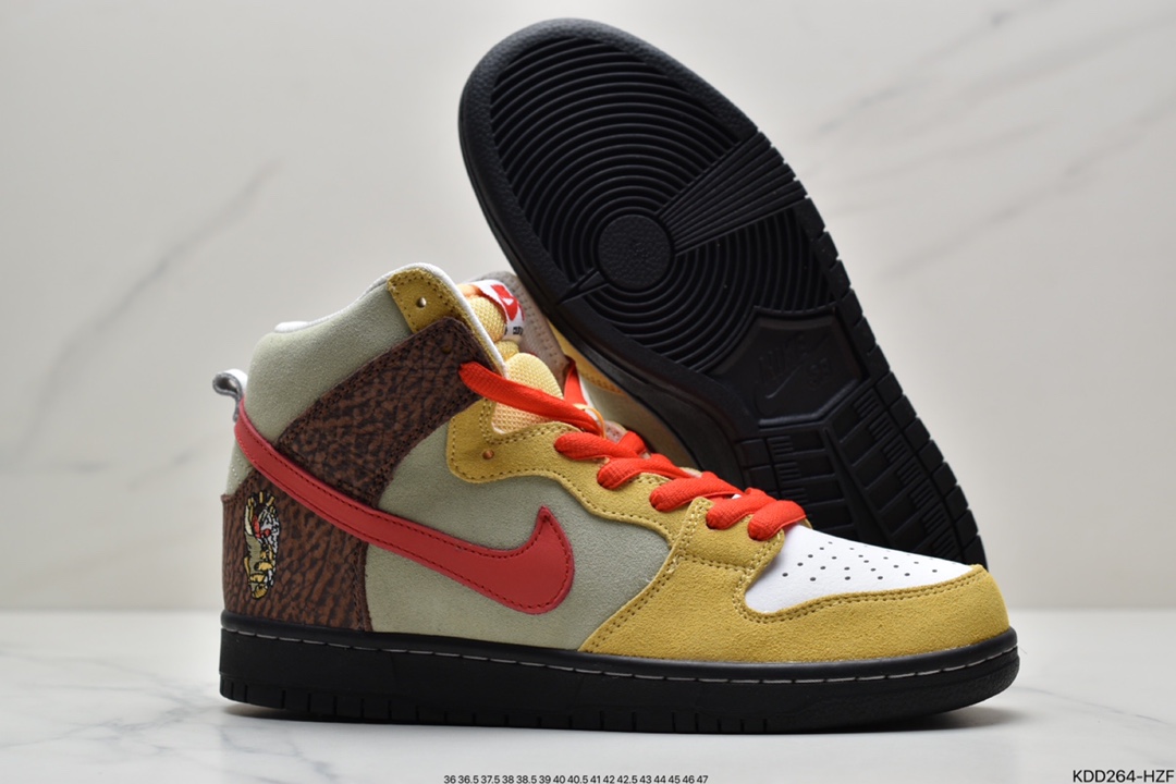 450 Color Skates x Nike SB Dunk High ”Kebab and Destroy”扣篮系列高帮休闲运动滑板板鞋“麂皮红黄棕烤肉卷饼”  CZ2205-700