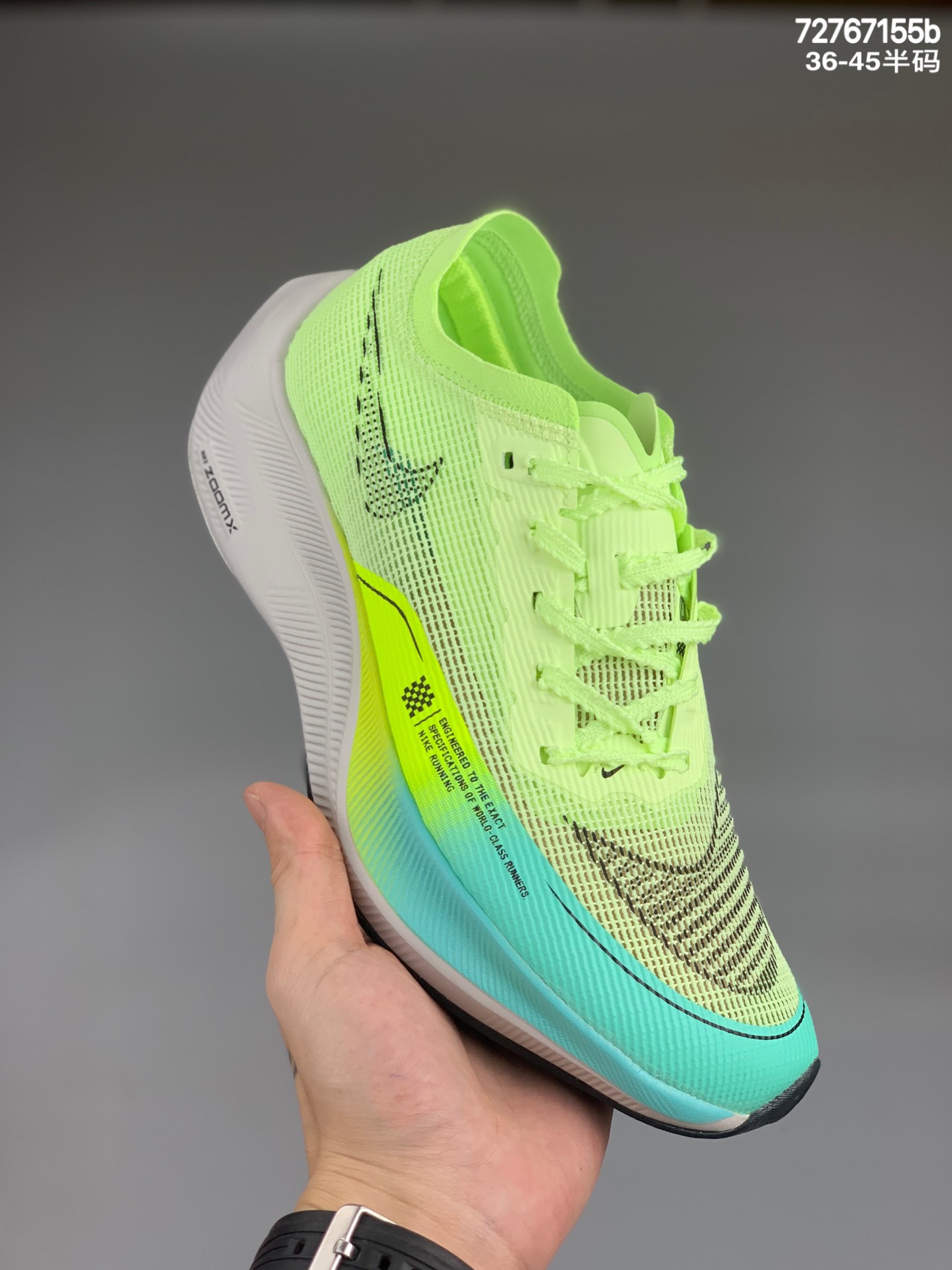 
Nike ZoomX Vaporfly NEXT%  最强跑鞋原装级别 这款新一代最强跑鞋在鞋面和鞋底都进行了全方位升级。鞋面使用了全新 Vaporweave 科技，这种类似蝉翼的材质相比 Flyknit 更加轻薄透气，更重要的是避免了鞋面吸收汗水和雨水，中底方面，除了延续全掌铲型碳板，中底 ZoomX 泡棉增容 15% 之多，形态上与 Vaporfly Elite 更为相似，但重量并没有增加  货号:CU4123-700 尺码：36 36.5 37.5 38 38.5 39 40 40.5 41 42 42.5 43 44 45！编码:727667155b