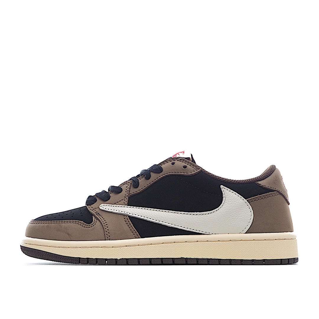 H0 Travis Scott x Air Jordan AJ1 Low TS联名倒勾低帮板鞋 CQ4277-001 亮点之处在于鞋侧的倒置 Swoosh 鞋面以棕色牛巴革及白色荔枝皮的混搭设计 反转Swoosh Logo荔枝头层皮打造 错版灵感来源于洛杉矶球鞋店铺收到一双特别的错版 Air Jordan 1“Gold Toe” 的勾子倒过来 之后抄近 H0 00美元 研发出反向勾的设计
