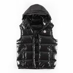 First Top
 Moncler Clothing Waistcoats Black White Nylon Goose Down Hooded Top