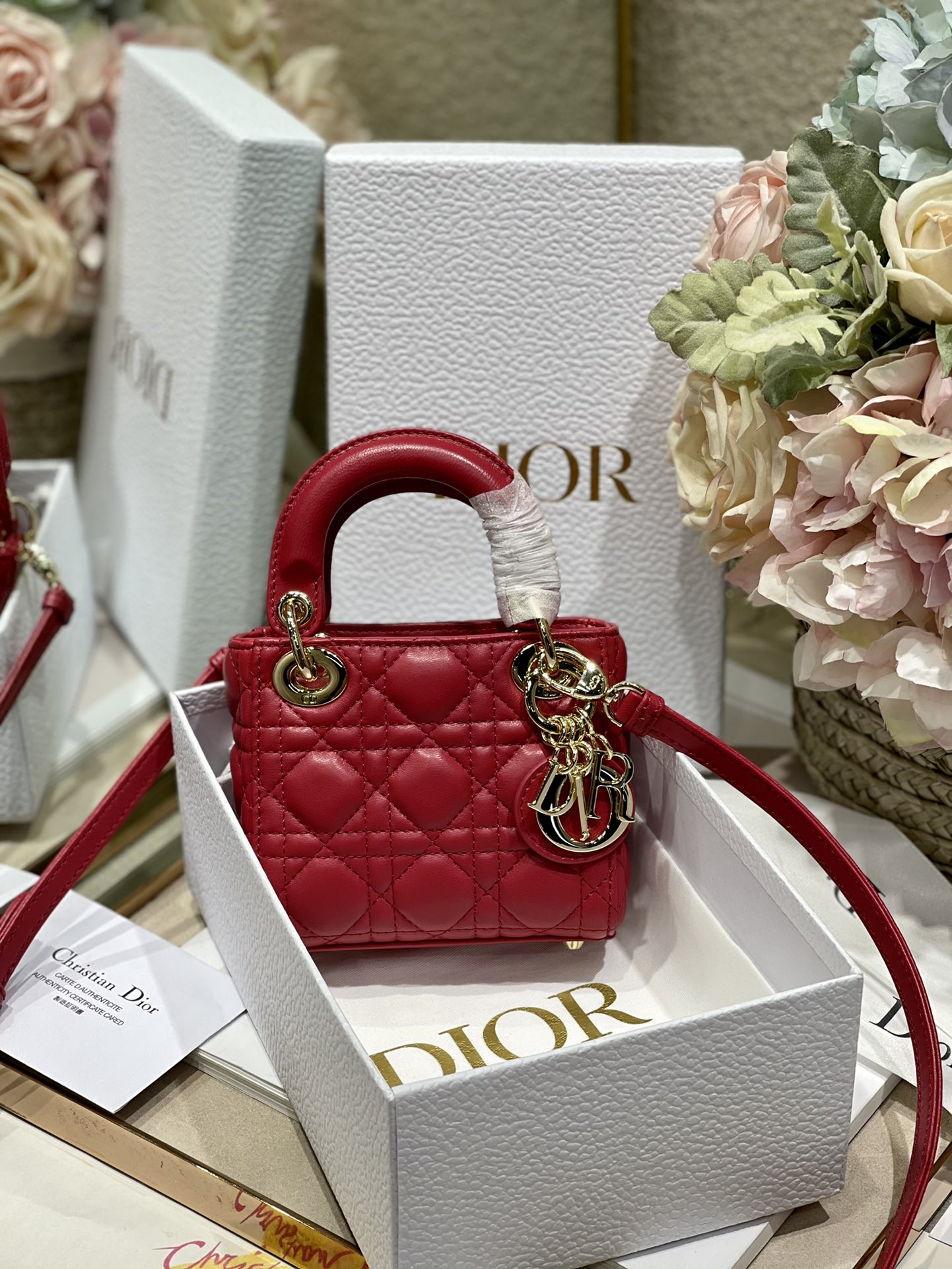 Dior Lady Handbags Crossbody & Shoulder Bags Black Gold Red Sheepskin Mini