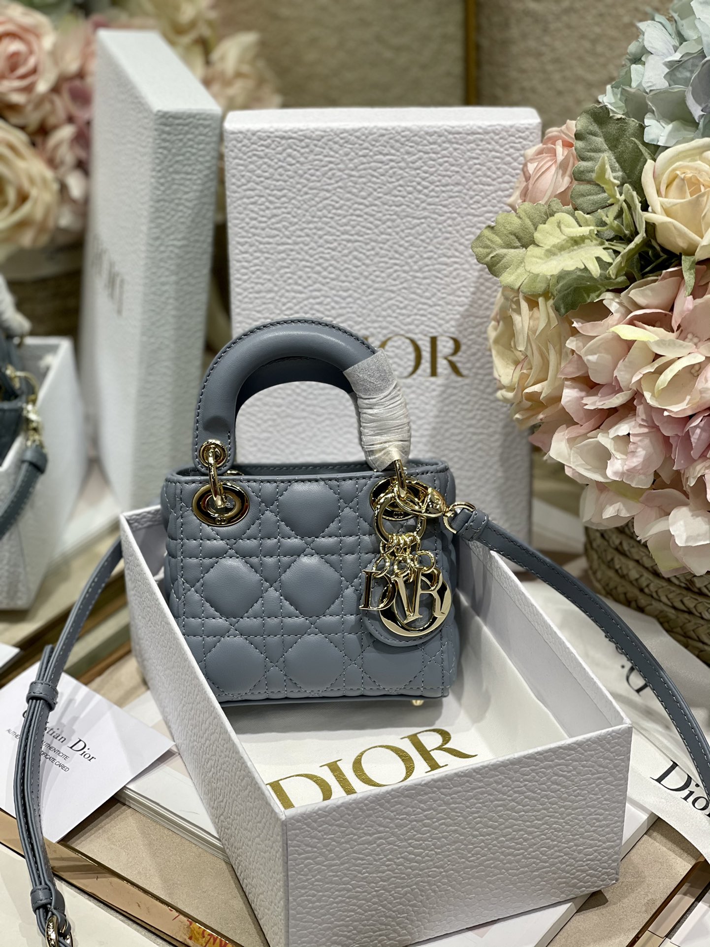 Dior Lady Handbags Crossbody & Shoulder Bags Black Blue Gold Sky Sheepskin Mini