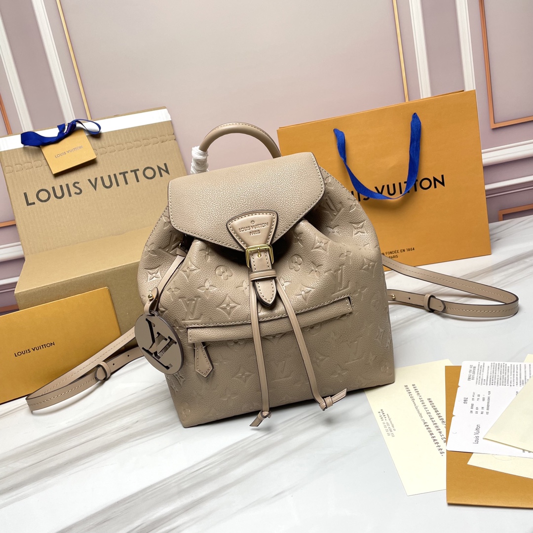 Louis Vuitton LV Montsouris Bags Backpack Apricot Color Vintage Gold Empreinte​ Cowhide m45205
