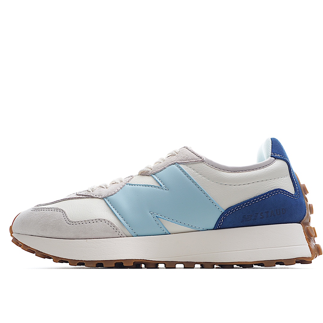 G5 加州新锐小众街头品牌Staud x New Balance新百伦NB MS327系列复古休闲运动慢跑鞋“皮革米白灰浅绿海军蓝生胶底”WS327SZ采用猪巴革麂皮及移膜皮革拼接构成鞋面中底高弹EVA发泡材质加持满丁防滑橡胶外底再现复古运动风潮，清凉又干净夏日限定