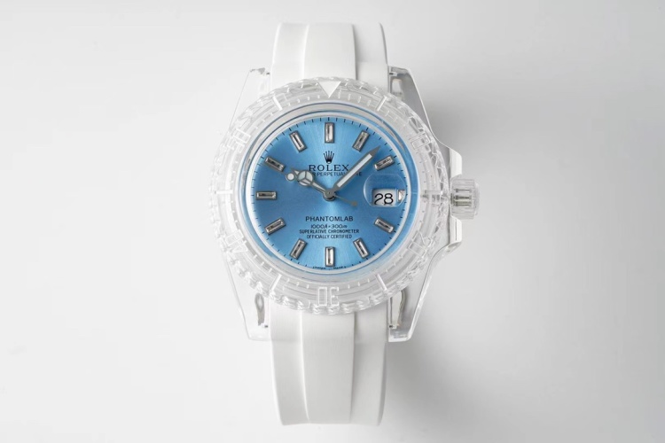 KZ Phantom Lab Custom Rolex Transparent Water Ghost Watch - White Rubber Strap 1 KZ Phantom Lab Custom Rolex Transparent Water Ghost Watch - White Rubber Strap