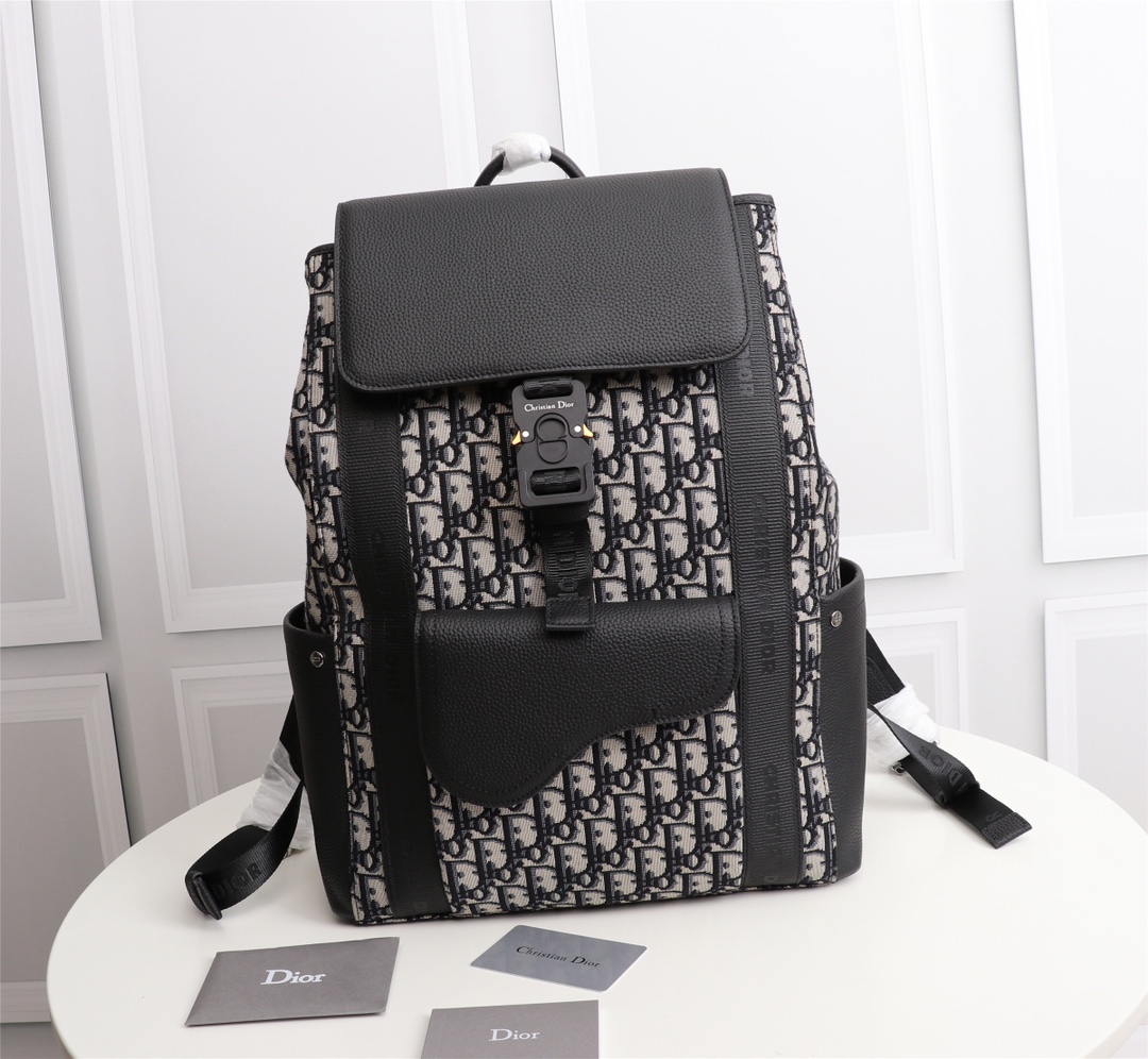 Dior Bags Backpack Apricot Color Beige Black Printing Men Cowhide Fabric Nylon Oblique