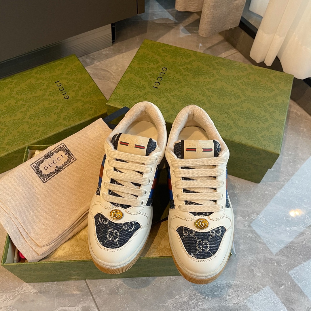 GUCCI Distressed Sneakers Leather Terry Cloth Women's