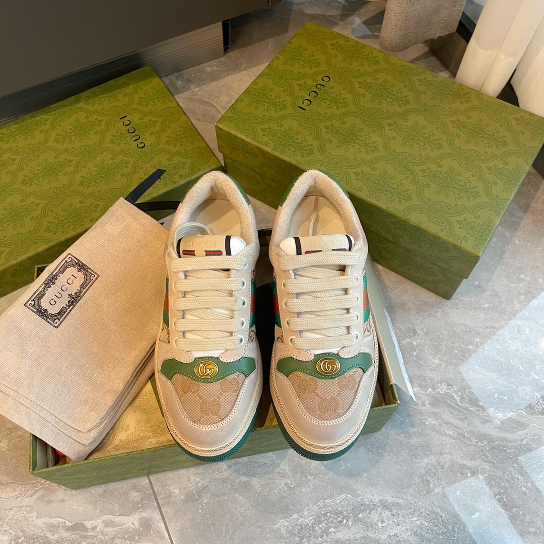 GUCCI 髒髒鞋 低筒 牛皮 拼布 綠紅織帶