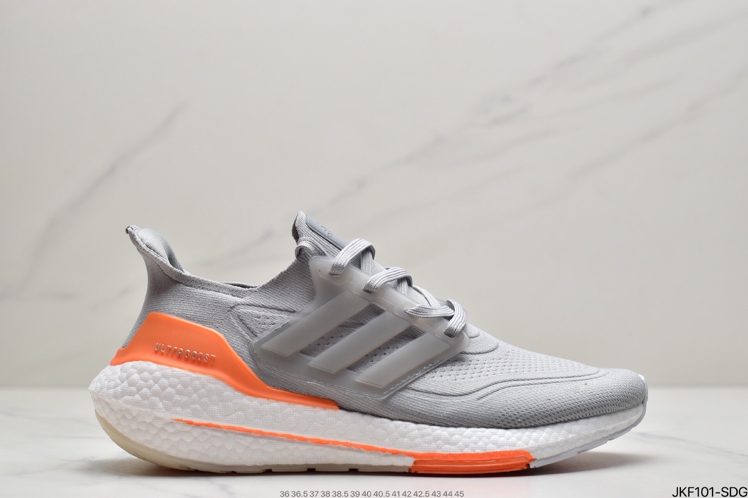 165 Adidas Ultra Boost 2021”Grey/Orange/Black”UB2021版袜套式针织鞋面休闲运动慢跑鞋“浅灰橙黑”FY0375
