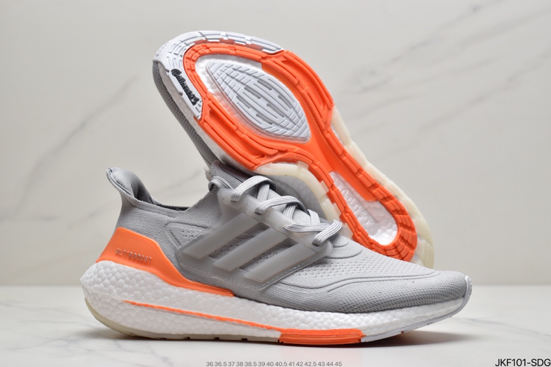 165 Adidas Ultra Boost 2021”Grey/Orange/Black”UB2021版袜套式针织鞋面休闲运动慢跑鞋“浅灰橙黑”FY0375