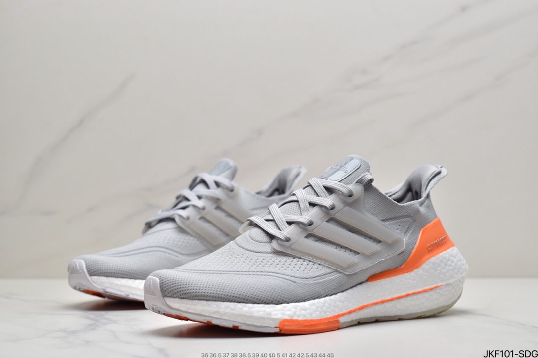 165 Adidas Ultra Boost 2021”Grey/Orange/Black”UB2021版袜套式针织鞋面休闲运动慢跑鞋“浅灰橙黑”FY0375