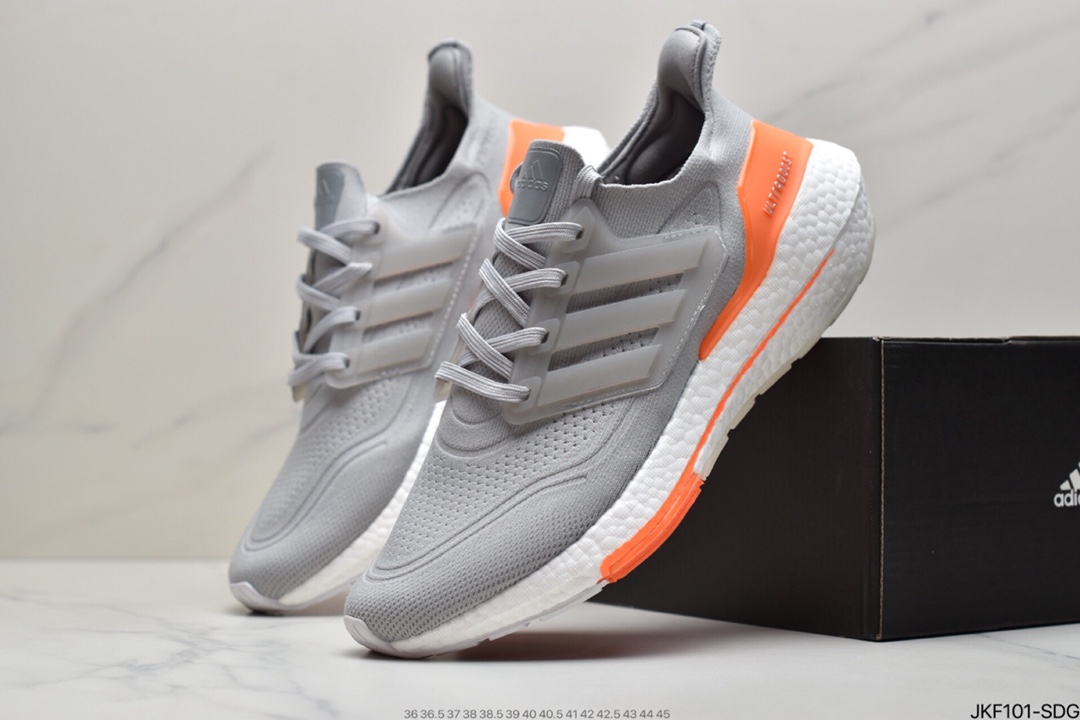 165 Adidas Ultra Boost 2021”Grey/Orange/Black”UB2021版袜套式针织鞋面休闲运动慢跑鞋“浅灰橙黑”FY0375