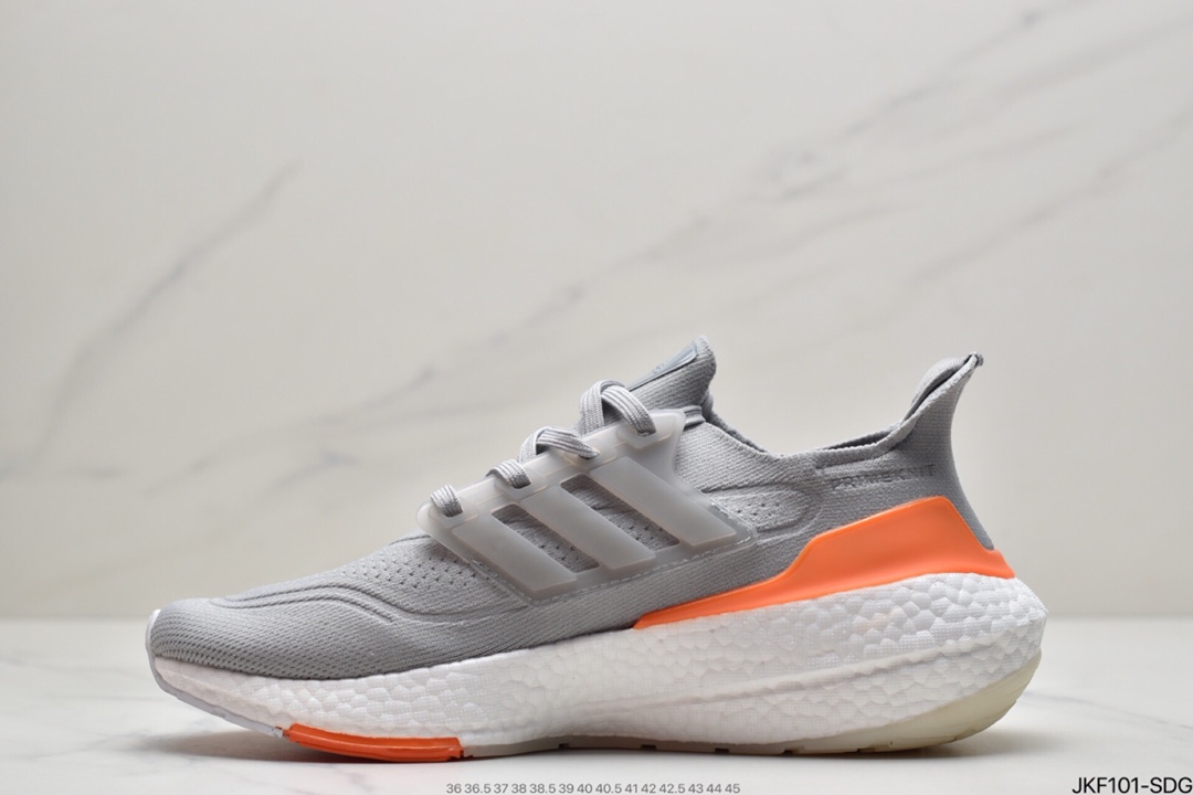 165 Adidas Ultra Boost 2021”Grey/Orange/Black”UB2021版袜套式针织鞋面休闲运动慢跑鞋“浅灰橙黑”FY0375
