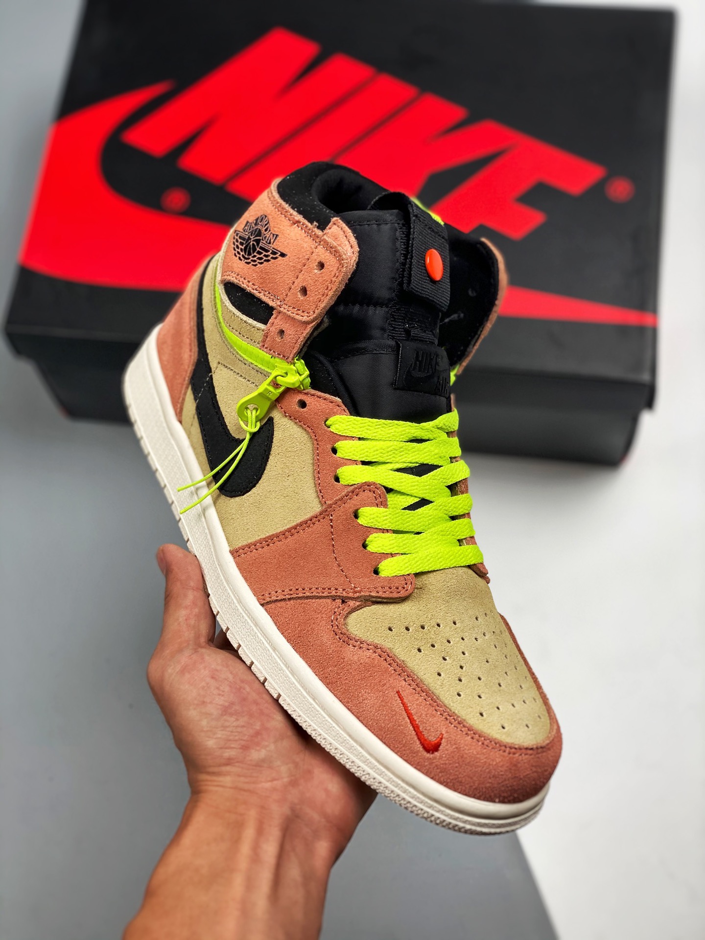 Línea de producción original pura, pico extremo Air Jordan 1 High Switch Rosa Albaricoque con cremallera, desarrollo co…