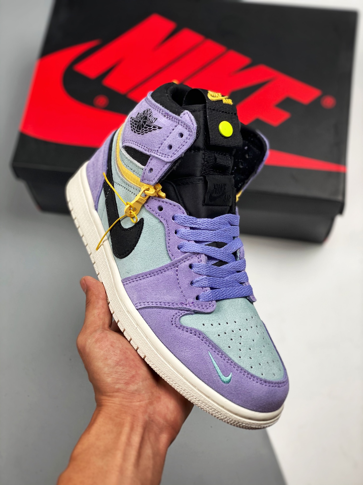 Línea de producción original, máximo nivel. Air Jordan 1 High Switch Violeta, cremallera, desarrollo con horma y cartón…