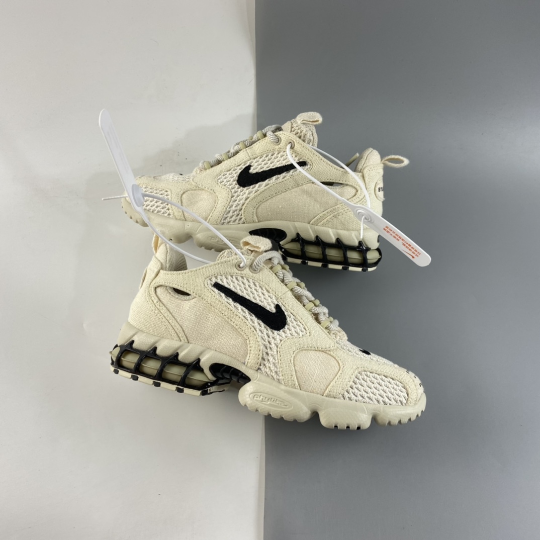 P200  Stussy x Nike Air Zoom Spiridon Caged 2斯皮里慢跑鞋“乳白黑麻布”CQ5486-200