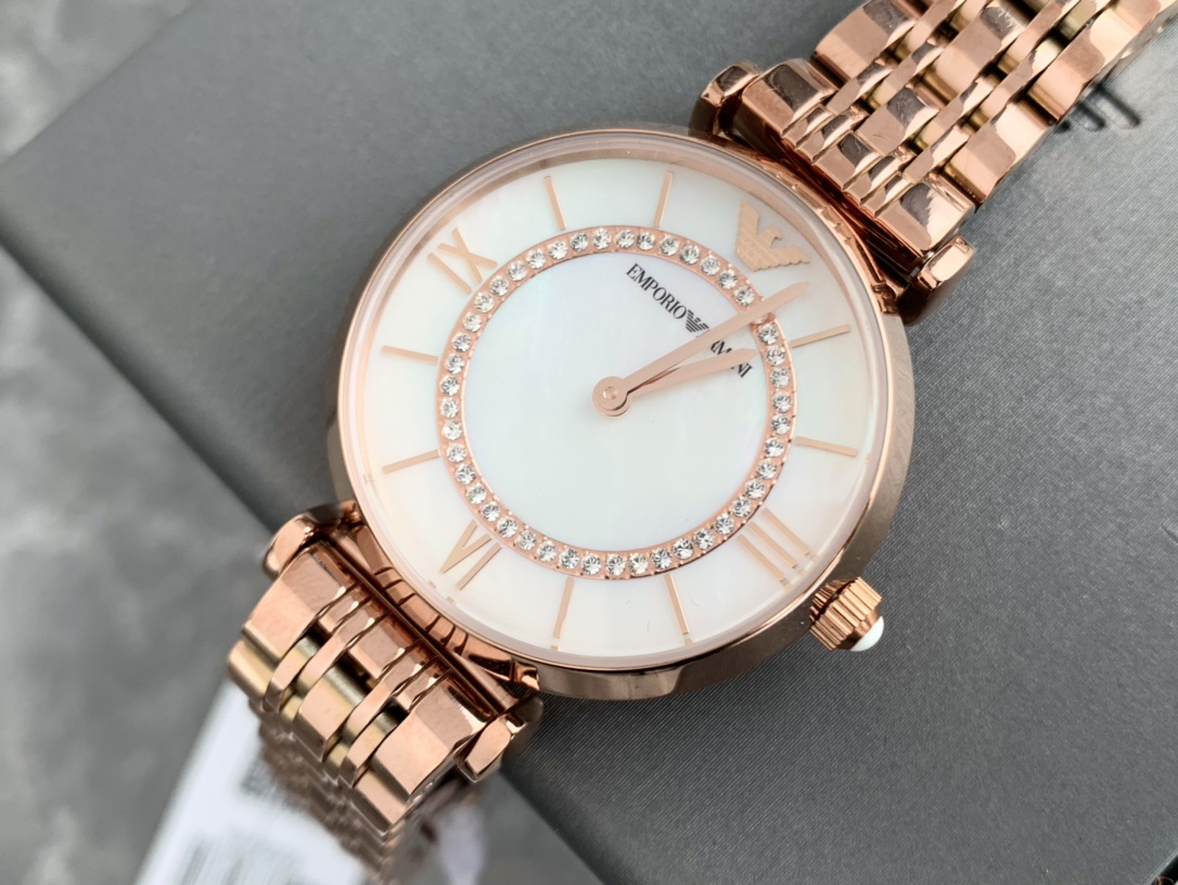 Armani Reloj Rosas Oro rosa Blanco Incrustados con diamantes Mujeres Quartz Movement Cinturón de acero inoxidable