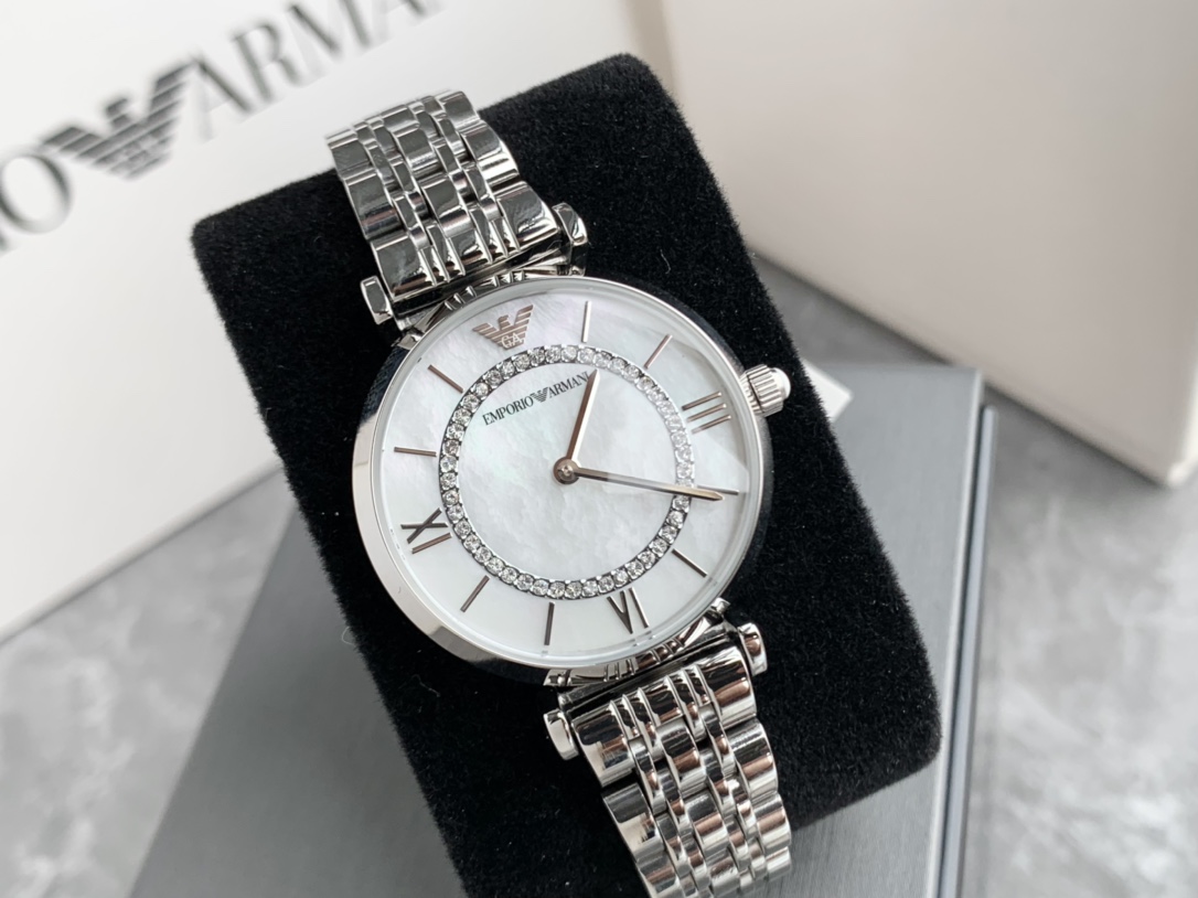 Armani Reloj Plata Blanco Incrustados con diamantes Mujeres Quartz Movement Cinturón de acero inoxidable