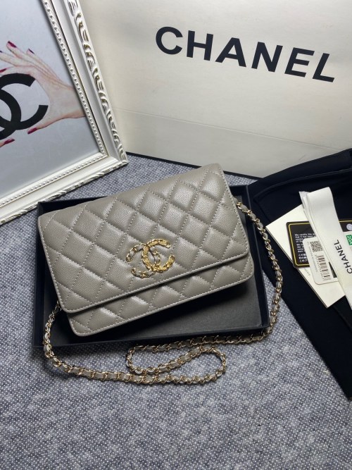 Chanel WOC Wallet on Chain Crossbody Bag, Leather, Gold-Tone Metal, Gray
