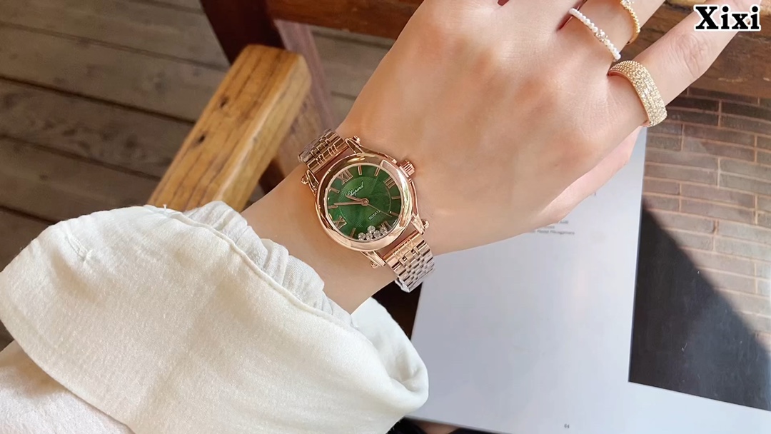 Chopard Happy Diamonds Ladies Watch,Green Dial, Rose Gold Tone, 30mm