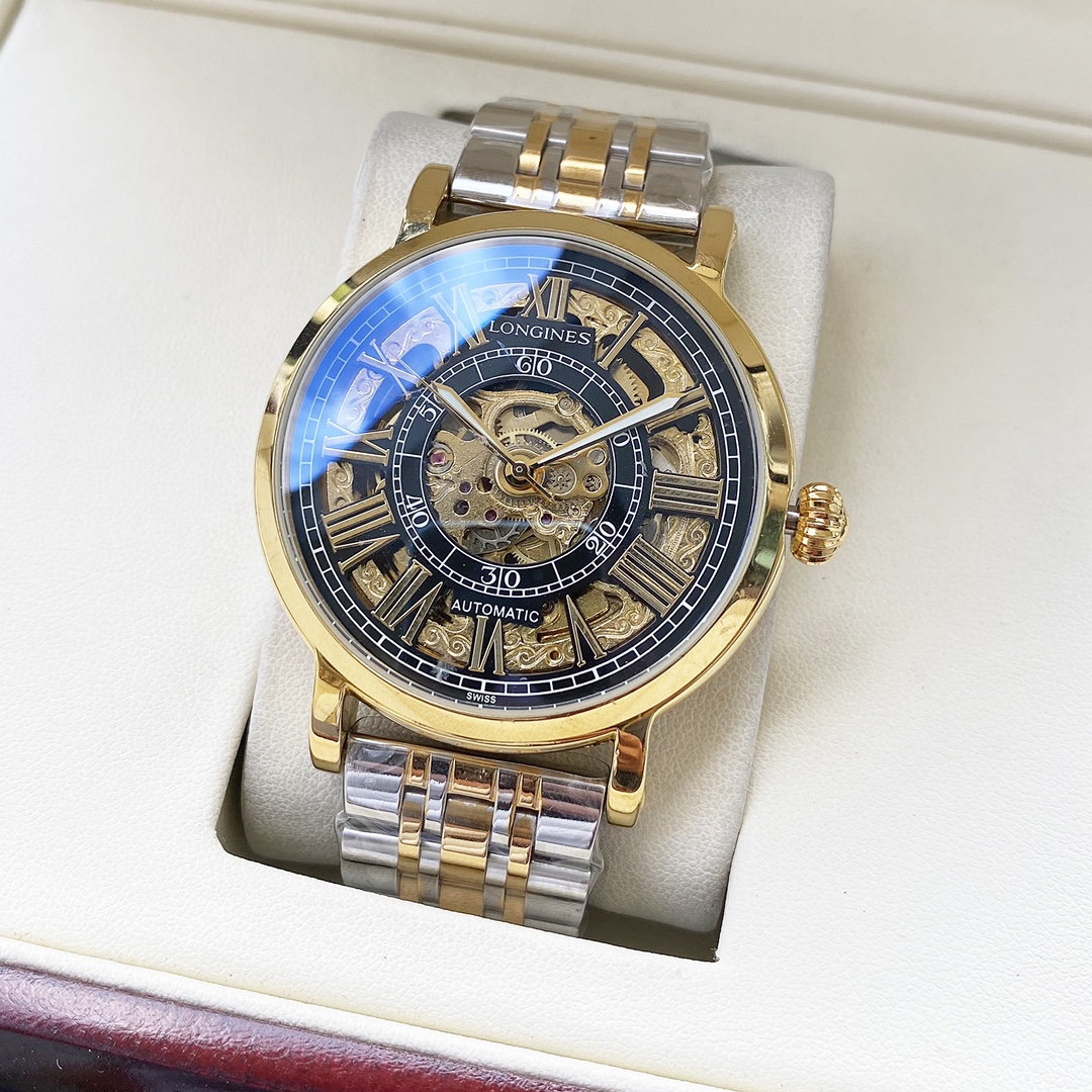 J5  皮带，钢带。精致镂空 优雅热卖浪琴  Longines  男士腕表 全自动机械机芯 矿物强化玻璃 316L精钢表壳 精钢/真皮表带 简洁大气 商务休闲 尺寸:直径42mm 厚度12mm