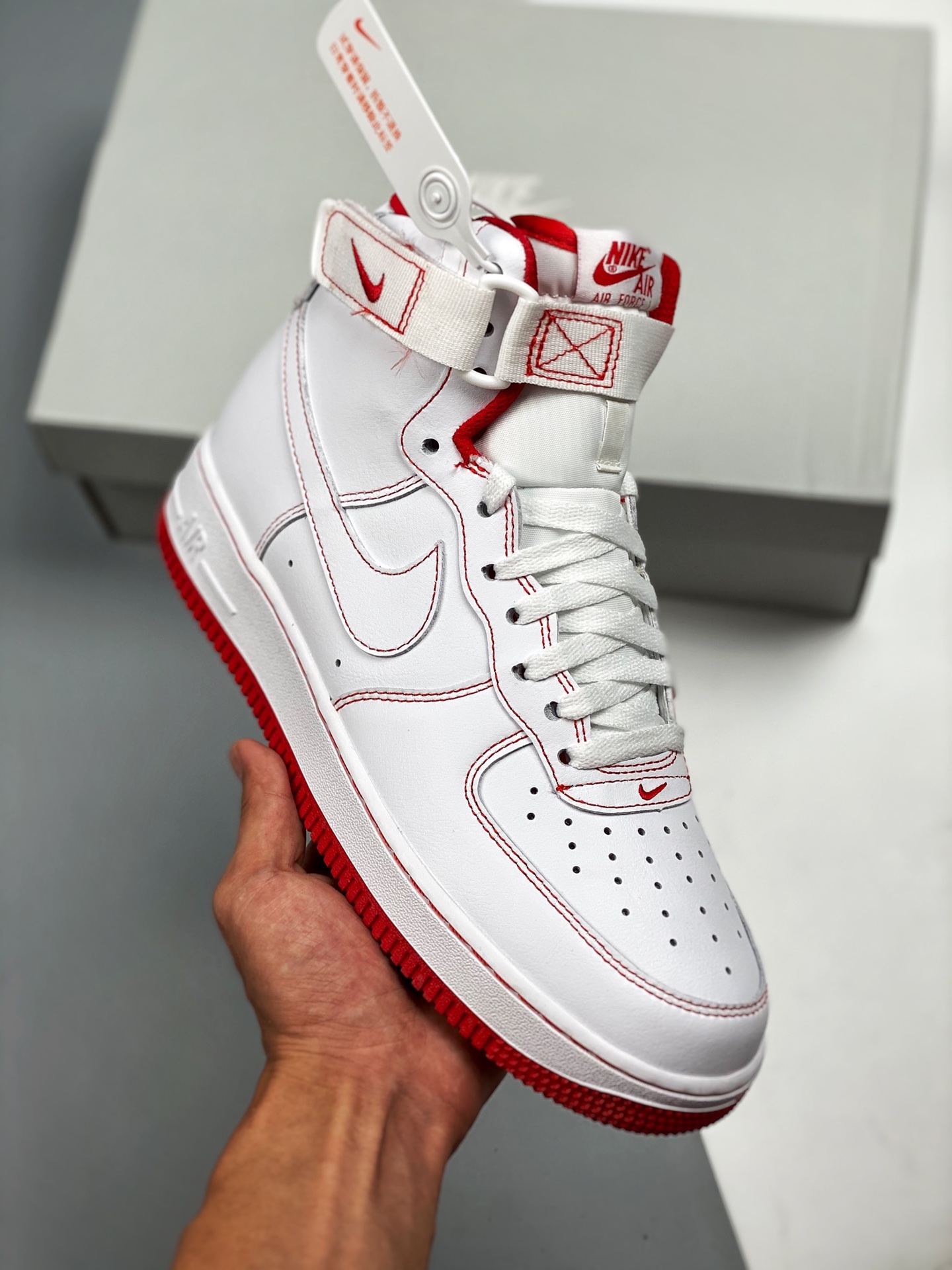 Air Force 1 High 07 blanco/rojo, costuras, horma y cartón originales, estilo auténtico de Air Force, enfocado en canal …