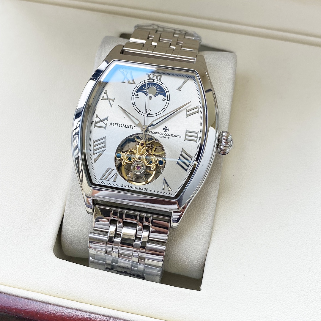 皮带，钢带。全新设计 优雅热卖 江诗丹顿  Vacheron Constsntin  男士腕表 全自动机械机芯 矿物强化玻璃 316L精钢表壳 精钢/真皮表带 时尚大方 商务休闲 尺寸:直径42mm 厚度12mm