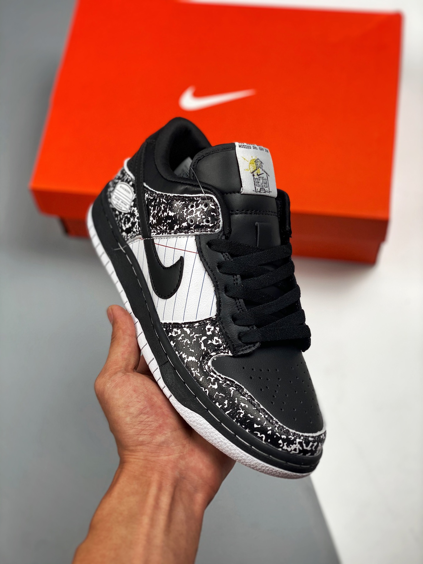 NK Dunk LOW Premium BacktoSchool salpicado, negro tinta. Material original de primera capa, diseño exclusivo destilado …