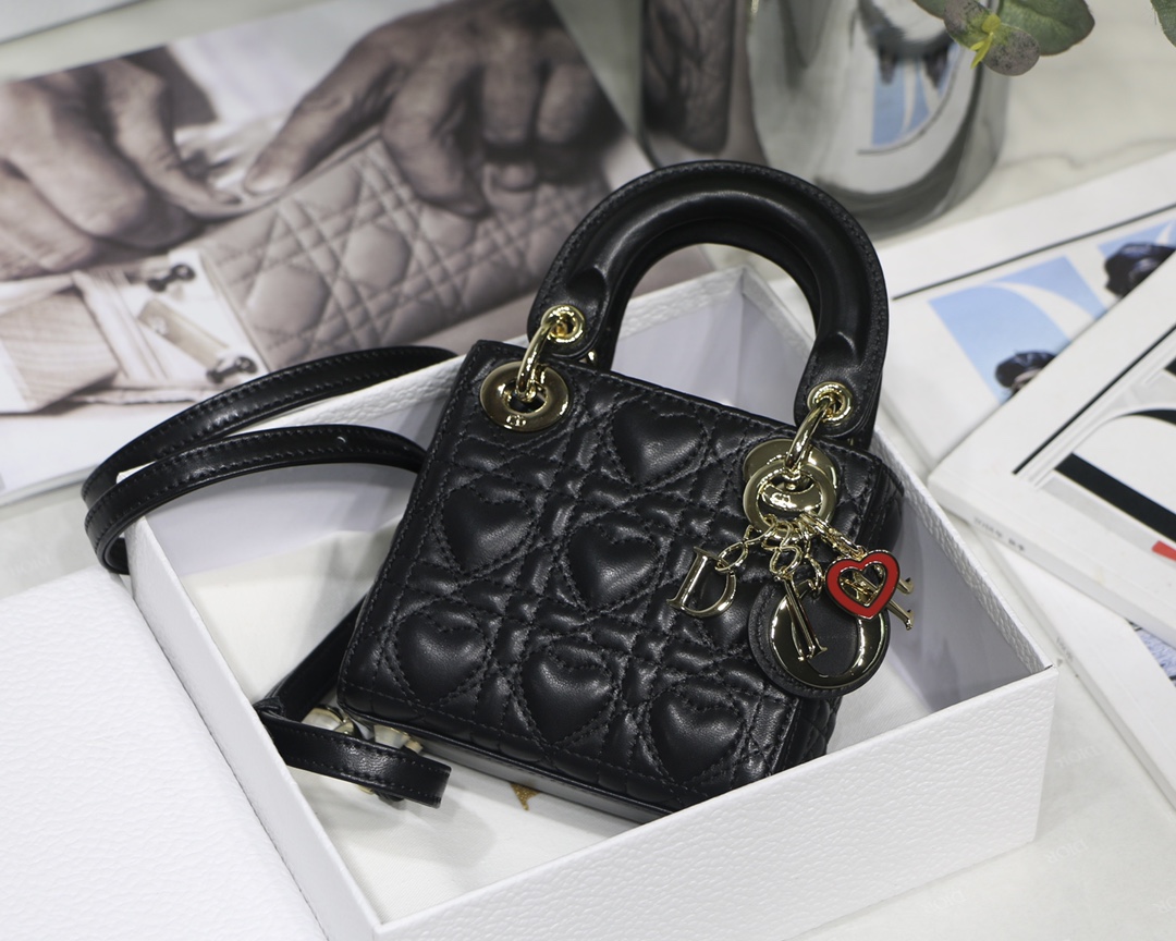 Lady Dior Bag Lambskin Heart Cannage Charm Chain Strap Mini