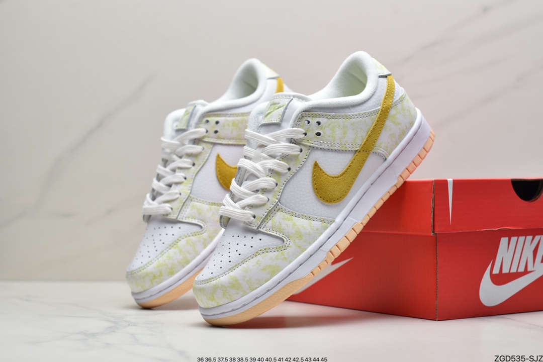 290 耐克Nike SB Dunk Low GS”Yellow Strike”扣篮系列低帮休闲运动滑板板鞋“皮革白扎染绿深黄”DM9467-700