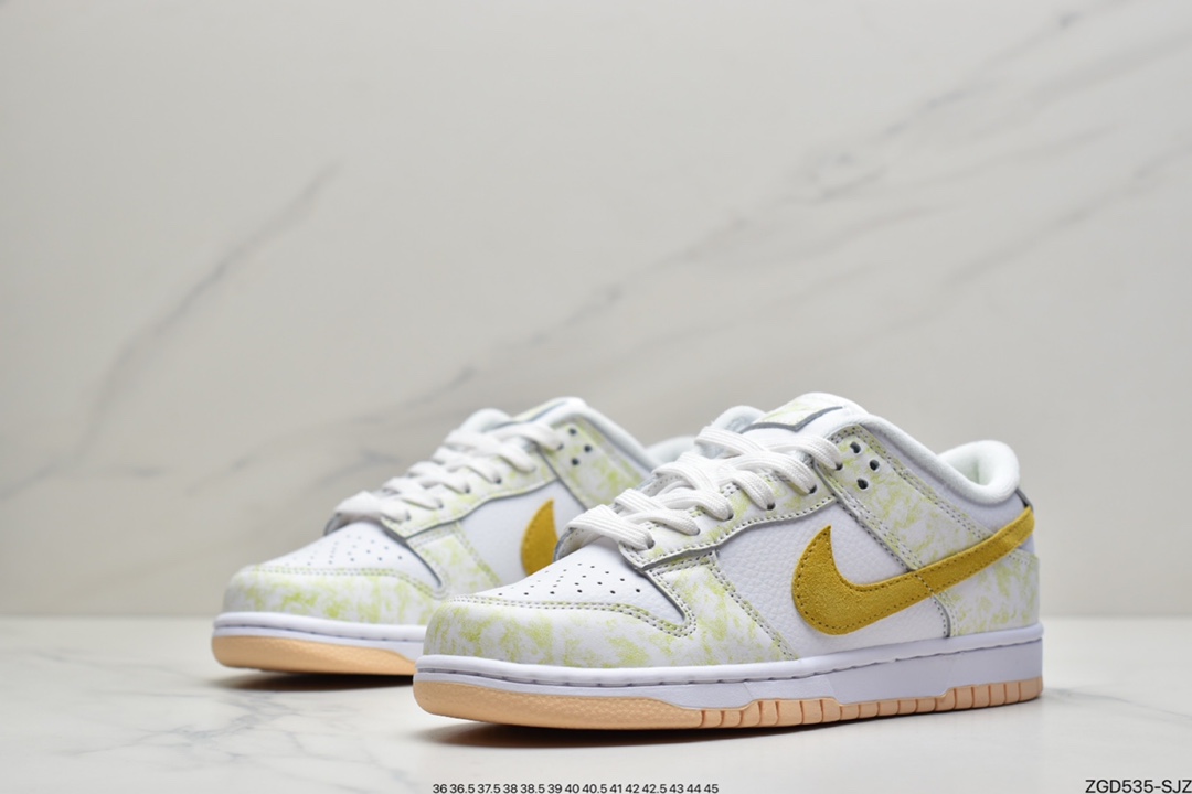 290 耐克Nike SB Dunk Low GS”Yellow Strike”扣篮系列低帮休闲运动滑板板鞋“皮革白扎染绿深黄”DM9467-700