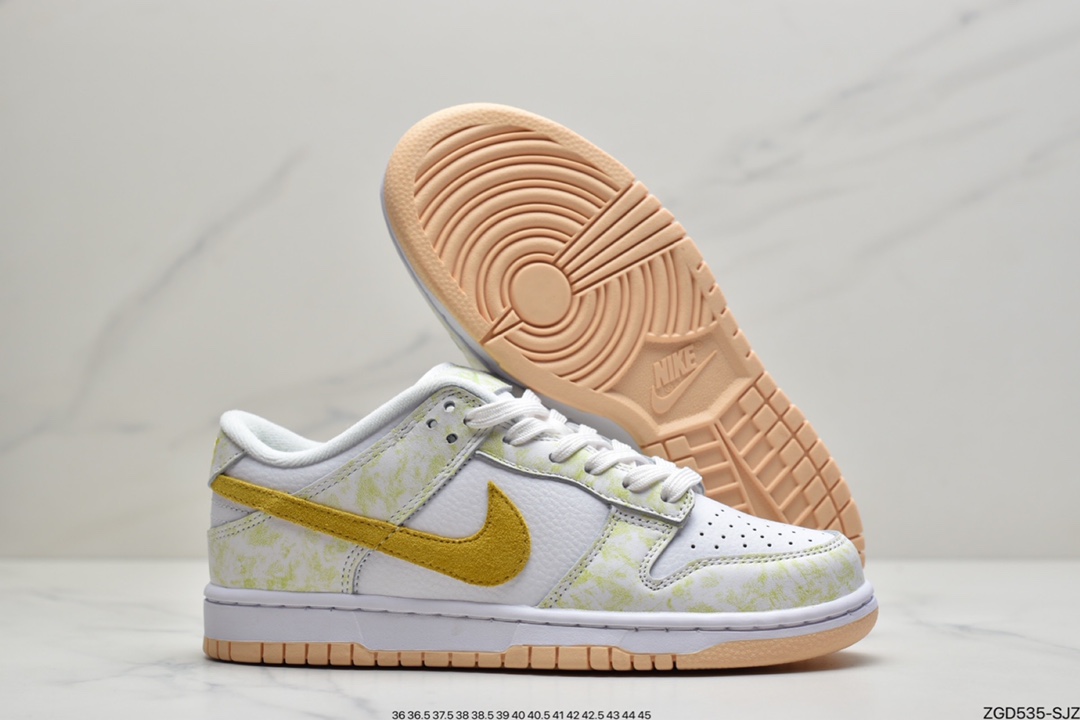 290 耐克Nike SB Dunk Low GS”Yellow Strike”扣篮系列低帮休闲运动滑板板鞋“皮革白扎染绿深黄”DM9467-700