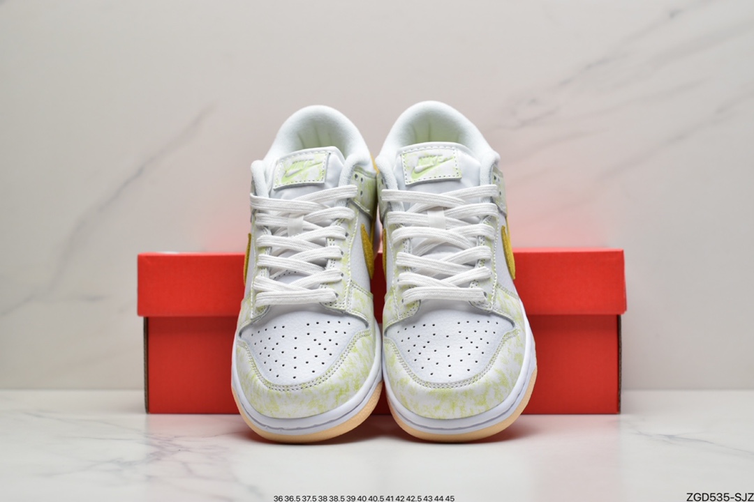 290 耐克Nike SB Dunk Low GS”Yellow Strike”扣篮系列低帮休闲运动滑板板鞋“皮革白扎染绿深黄”DM9467-700