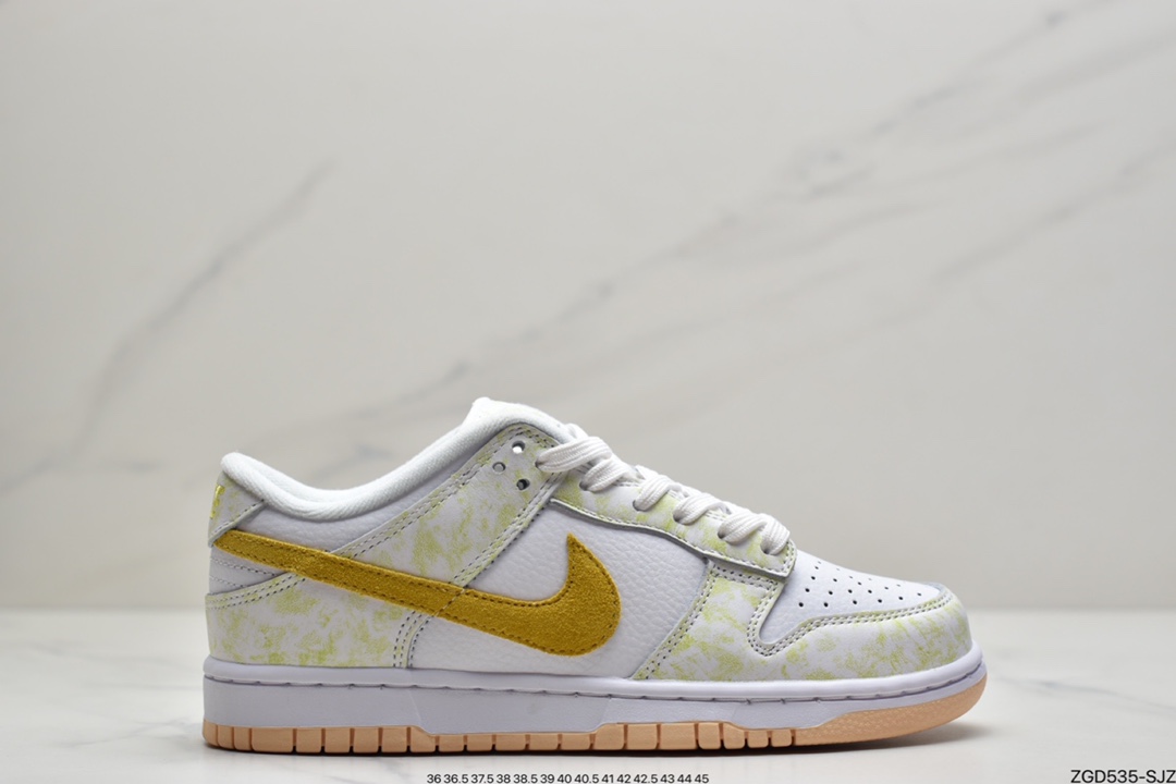 290 耐克Nike SB Dunk Low GS”Yellow Strike”扣篮系列低帮休闲运动滑板板鞋“皮革白扎染绿深黄”DM9467-700