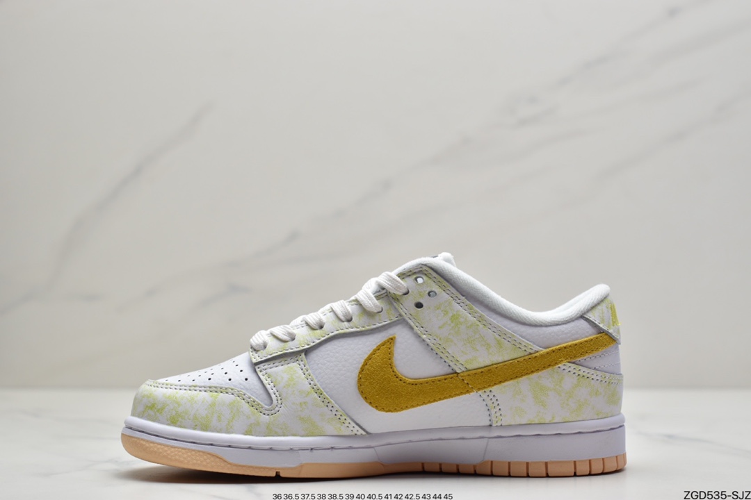 290 耐克Nike SB Dunk Low GS”Yellow Strike”扣篮系列低帮休闲运动滑板板鞋“皮革白扎染绿深黄”DM9467-700