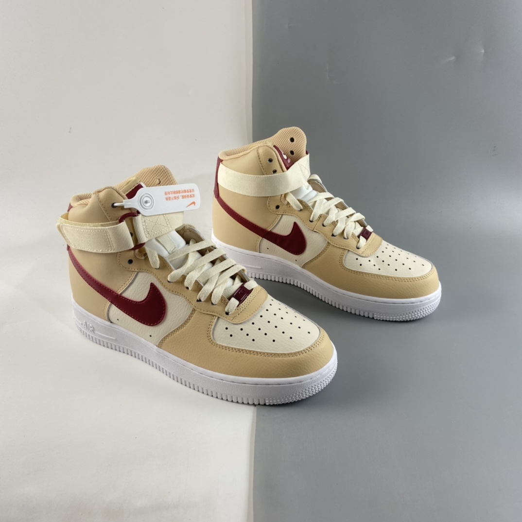 P220  NIKE Air Force 1 High ’07 空军一号米黄红勾高帮休闲板鞋 334031-200