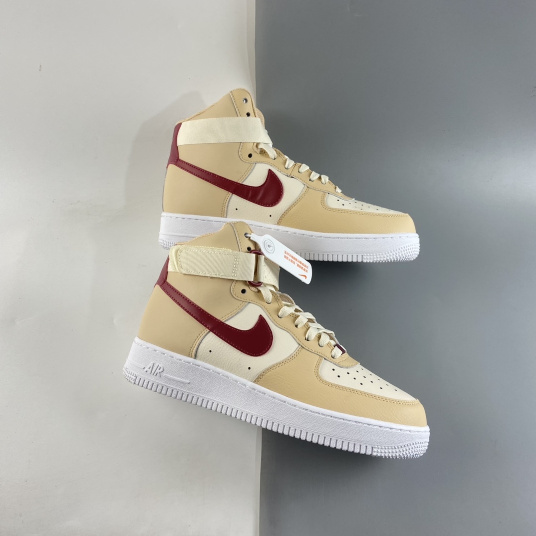 P220  NIKE Air Force 1 High ’07 空军一号米黄红勾高帮休闲板鞋 334031-200