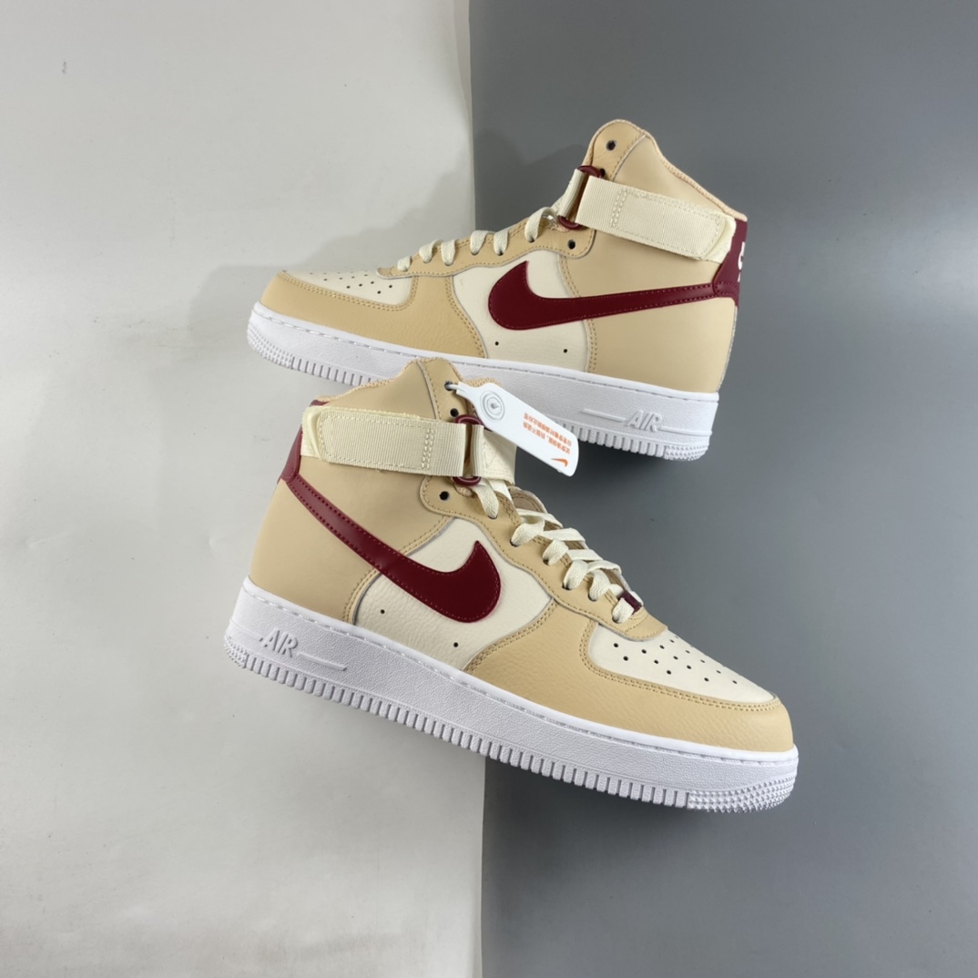 P220  NIKE Air Force 1 High ’07 空军一号米黄红勾高帮休闲板鞋 334031-200