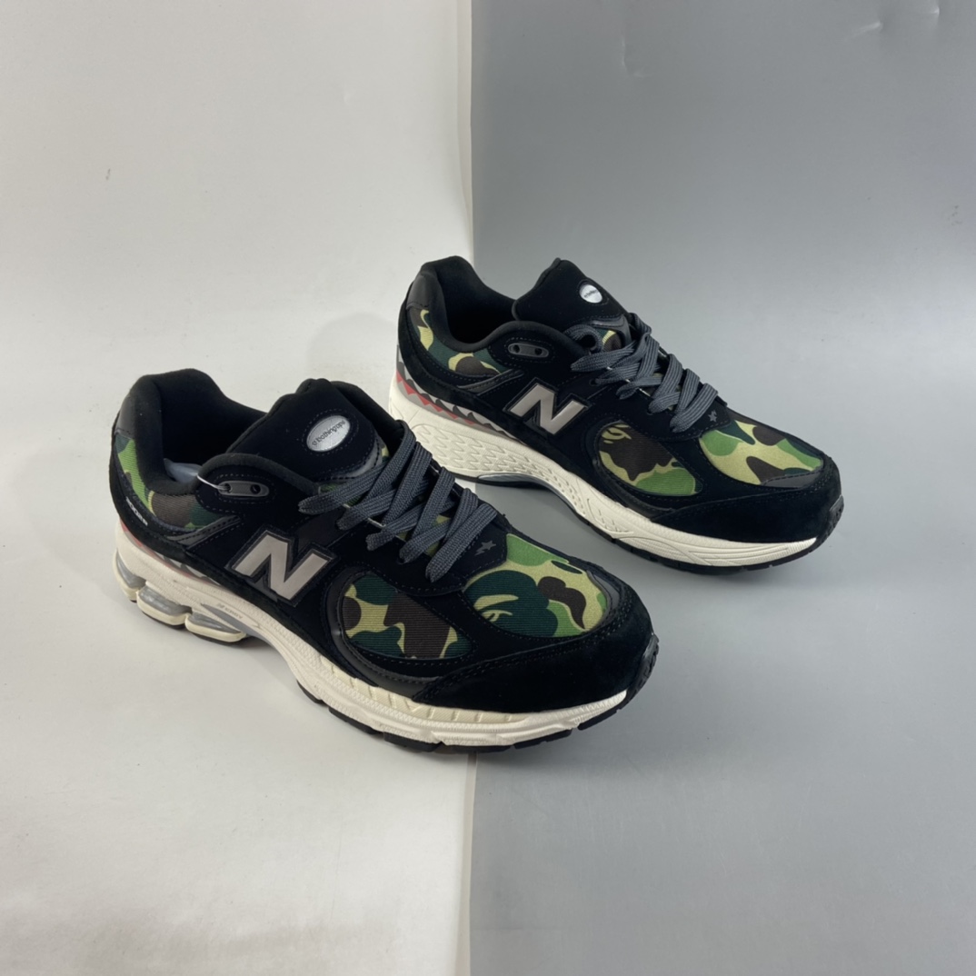 P200 A bathing ape x NB新百伦New Balance ML2002系列复古慢跑鞋“黑绿鲨鱼迷彩反光”ML2002RBF