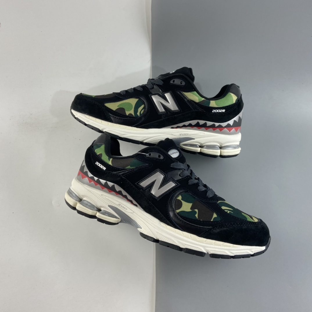 P200 A bathing ape x NB新百伦New Balance ML2002系列复古慢跑鞋“黑绿鲨鱼迷彩反光”ML2002RBF