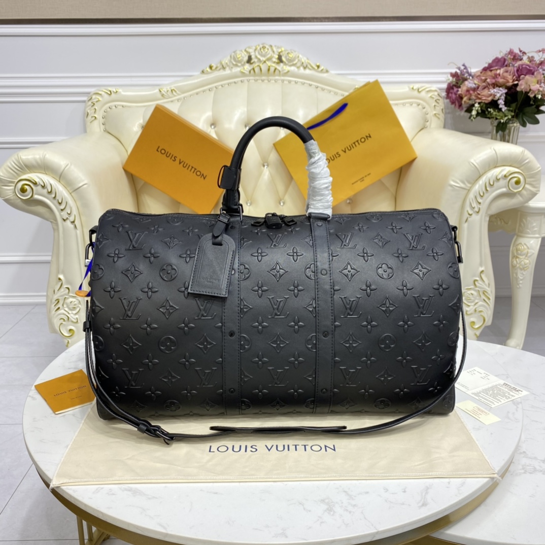 Louis Vuitton LV Keepall Travel Bags Black Dark Green Cowhide M57963