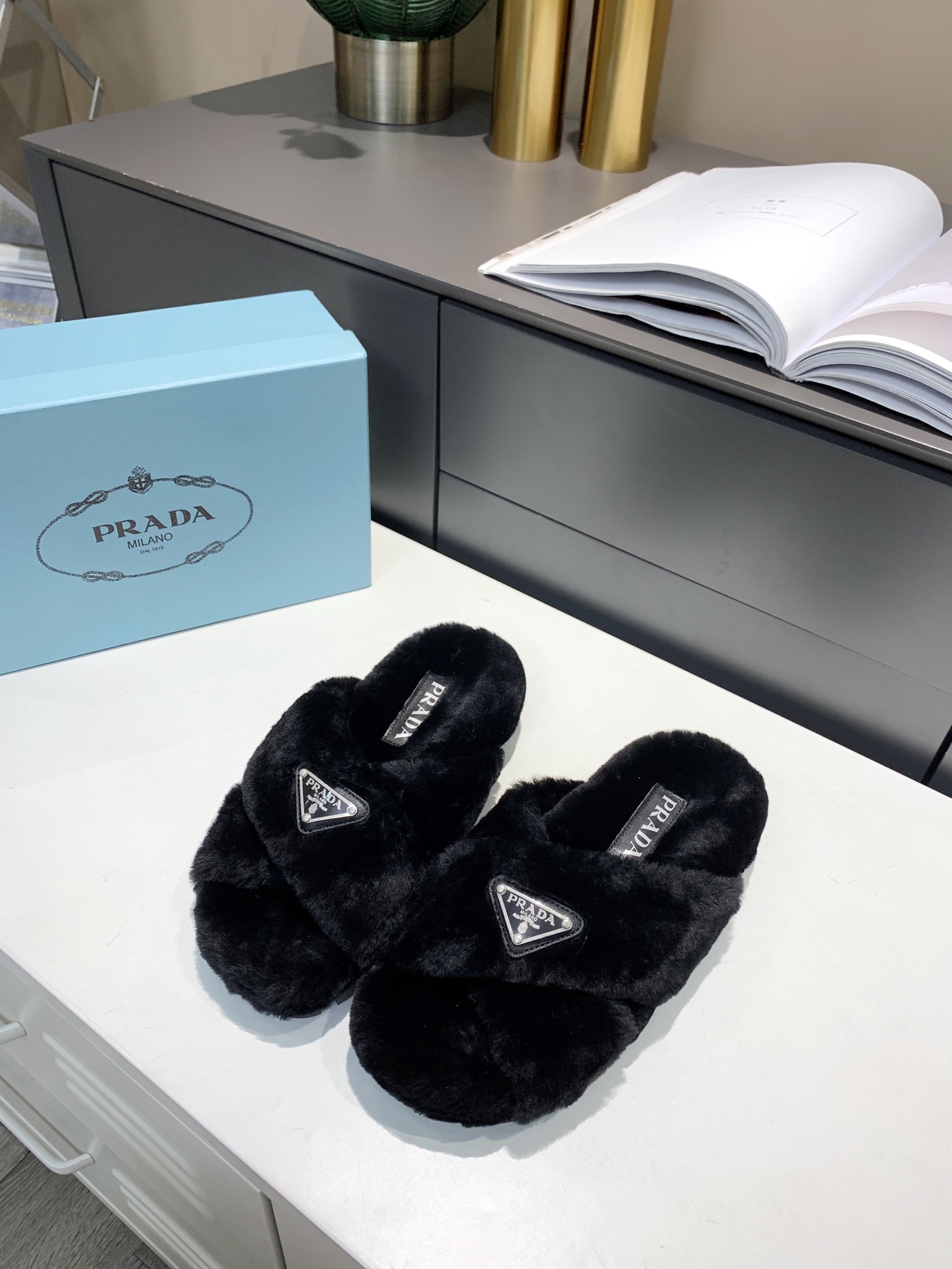 Prada Shoes Slippers Apricot Color Black White Wool Fall/Winter Collection