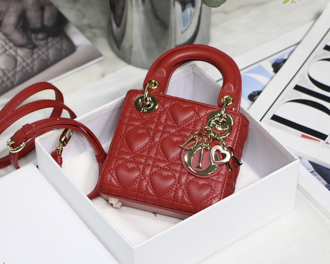 Lady Dior Bag Lambskin Heart Cannage Charm Chain Strap Mini