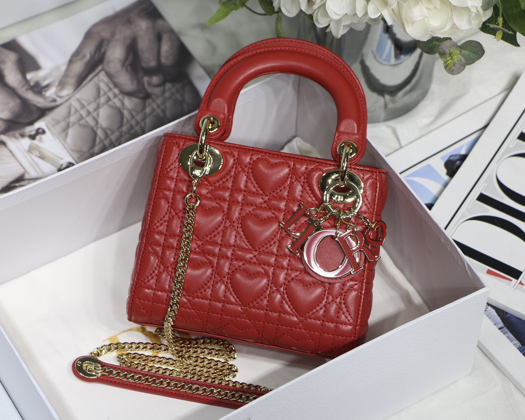 Lady Dior Bag Lambskin Heart Cannage Chain Strap Mini Handbag