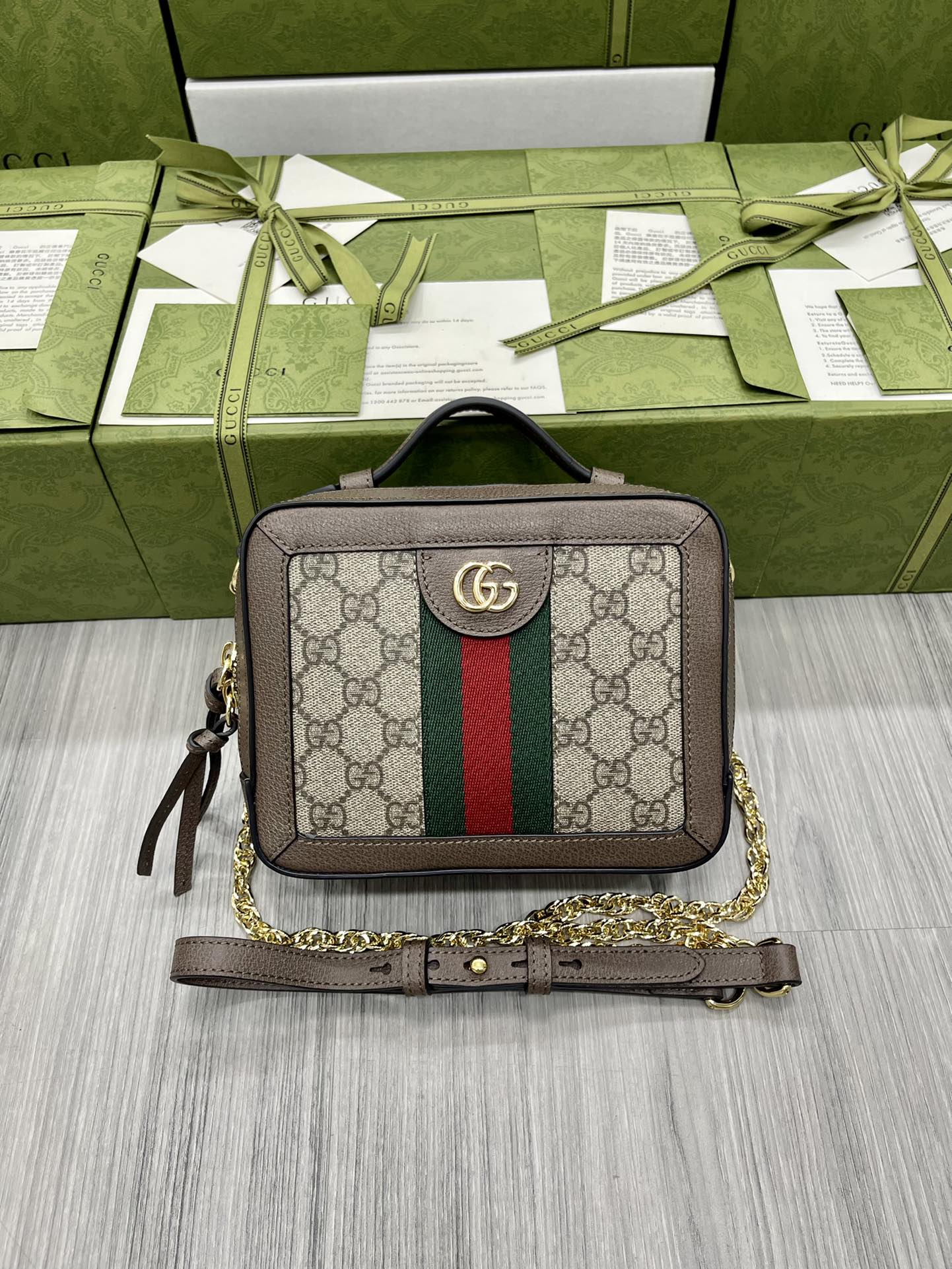 GUCCI 手提斜挎包 雙G圖案 紅綠織帶