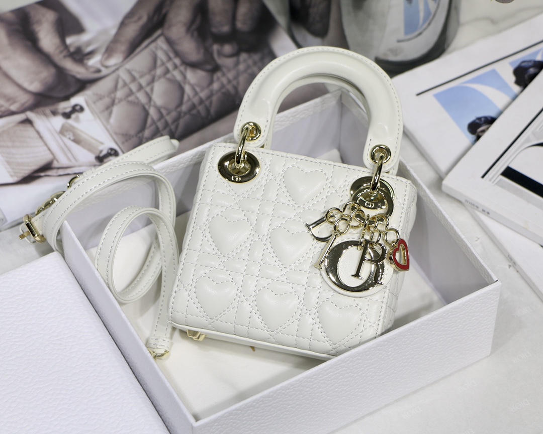 Lady Dior Bag Lambskin Heart Cannage Charm Chain Strap Mini